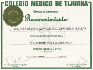 Dr. Gonzalez - Lap Colectomy Certificate - Tijuana