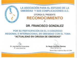 Bariatric surgery certificate - Dr. Francisco Gonzalez